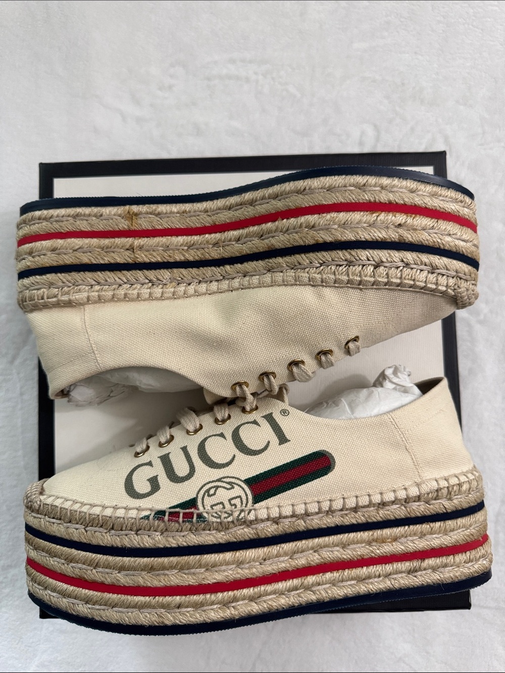 GUCCI Lillibeth Web Canvas Espadrille Sneakers Logo Platform Shoes Sz. 38
